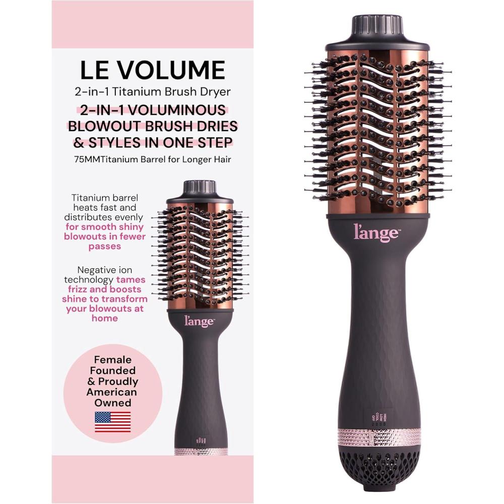 imageLANGE HAIR Le Volume 2in1 Titanium Blow Dryer Brush  Hot Air Brush for Hair Drying amp Styling  Ionic Oval Barrel for Smooth FrizzFree Volume  Blush  75mmBlack  75mm