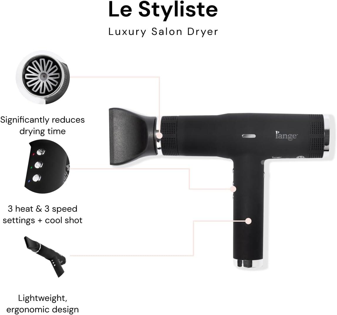 imageLANGE HAIR Le Styliste Luxury Hair Dryer  Quiet Brushless Blow Dryer with Diffuser  1875 Watts for 4X Faster Drying  Hairdryer with 3 Heat amp Speed Settings  Best Hair Dryers for BlowoutsBlack