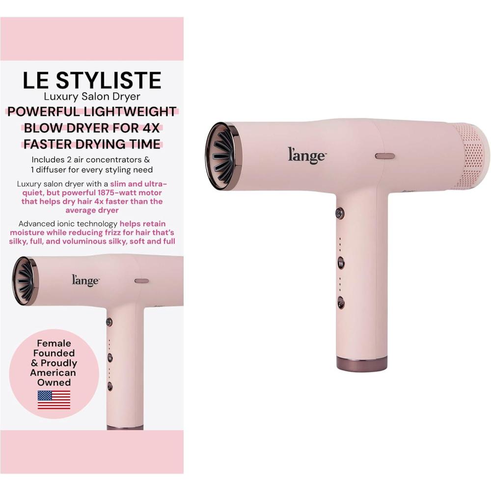 imageLANGE HAIR Le Styliste Luxury Hair Dryer  Quiet Brushless Blow Dryer with Diffuser  1875 Watts for 4X Faster Drying  Hairdryer with 3 Heat amp Speed Settings  Best Hair Dryers for BlowoutsBlush